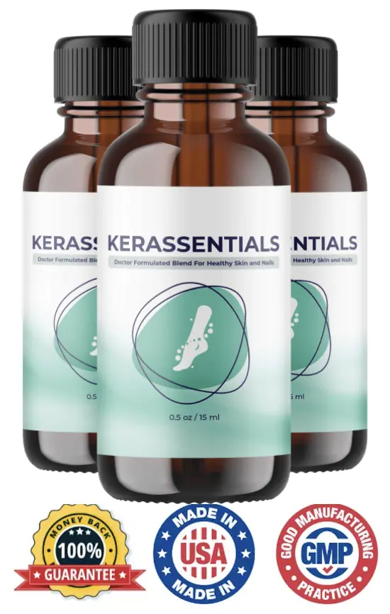 Kerassentials nail and skin oil bottles displayed together